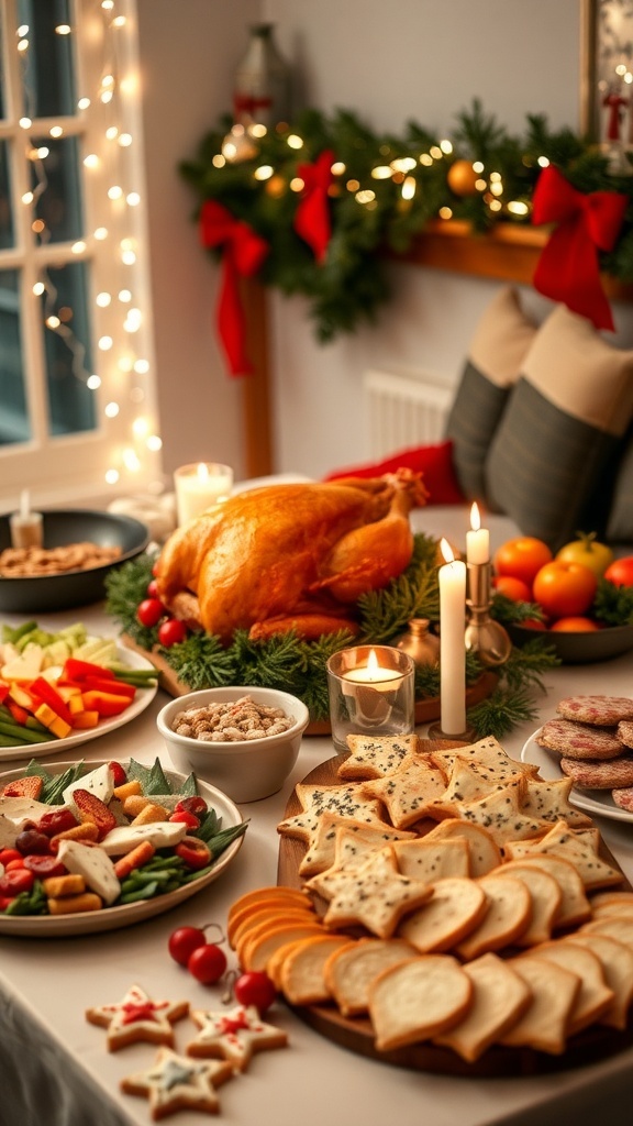 A festive Christmas party table with roast turkey, cheese platter, vegetable dip, and assorted cookies.